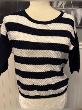 Allude Black White Striped Cotton Sweater Size Small Short Sleeve